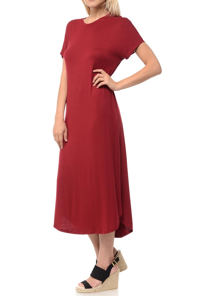 iconic luxe Women's Casual Loose-Fit Midi T-Shirt Dress â€“ Short Sleeve, Soft Stretchy Fabric, Lightweight Medium Burgundy - Image 4